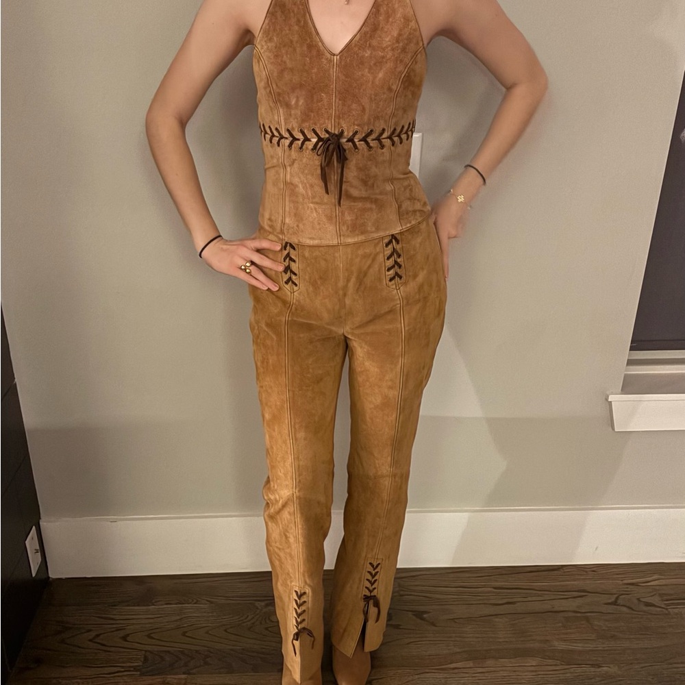 Western Wilsons Leather Tan Suede Boot Cut Pants & Halter Corset Top Set - Picture 7 of 8